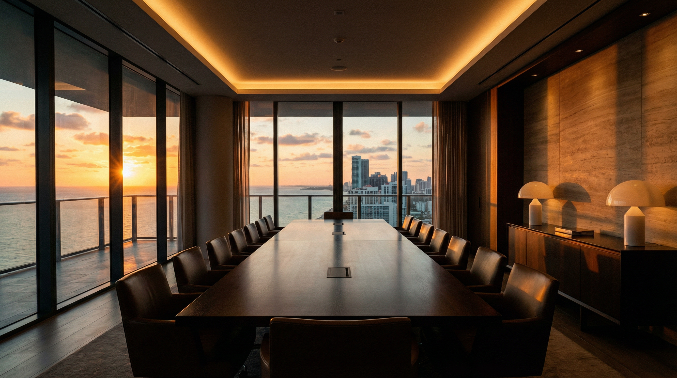 Executive boardroom overlooking Miami skyline at sunset